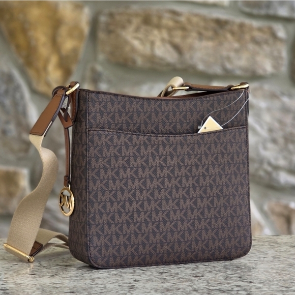 Michael Kors Jet Set Logo Center Stripe Small Brown Crossbody - Picture 3 of 9